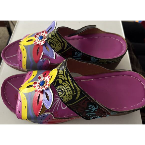 Women Bohemian Sandals Open Toe Wedge Heels Floral Summer Slipper Shoes Size 9 - Picture 2 of 7